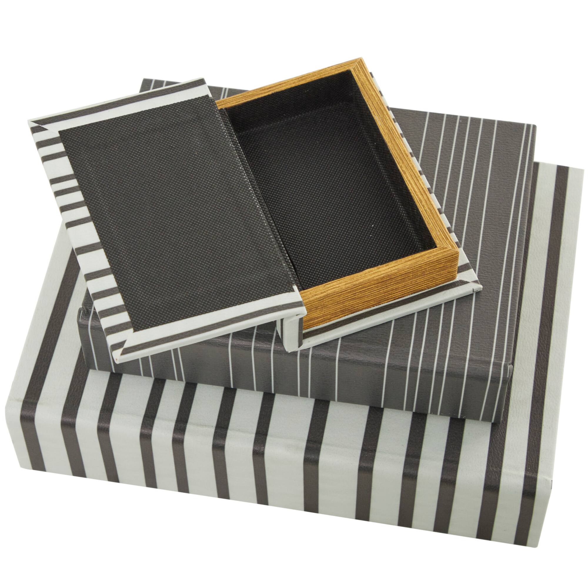 Black & White Stripe Faux Leather Faux Book Box with Striped Patterns Set